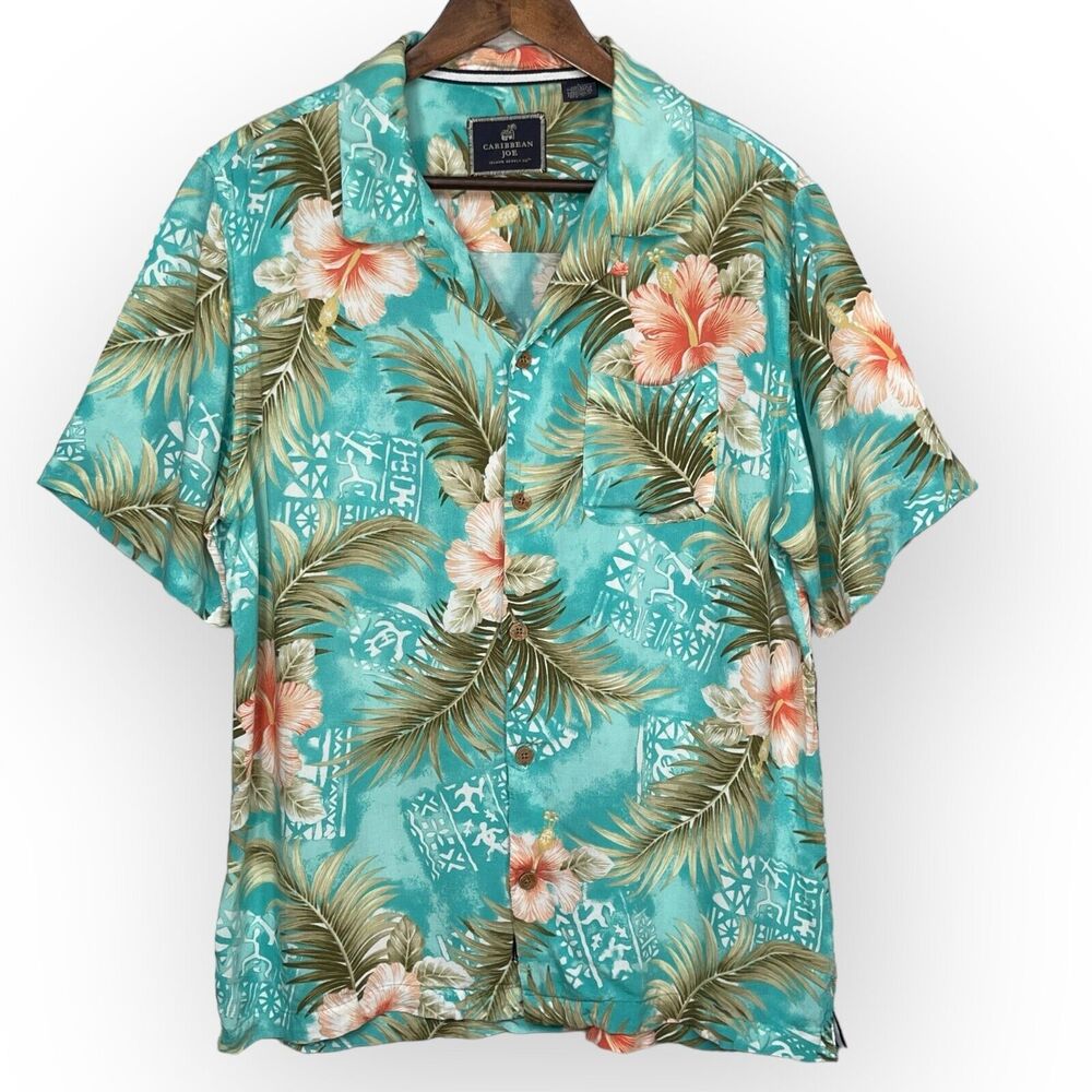 Caribbean Joe Shirt Men Size L Green Floral Tropical 100% Rayon Hawaiian Beach‎